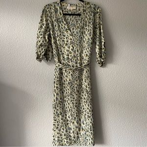 EUC LoveStitch Midi Shirtdress green/blue leopard print, silk, size Med